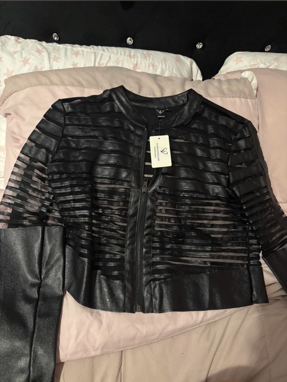 Windsor black leather jacket with horizontal striped mesh panels, size M #leathe